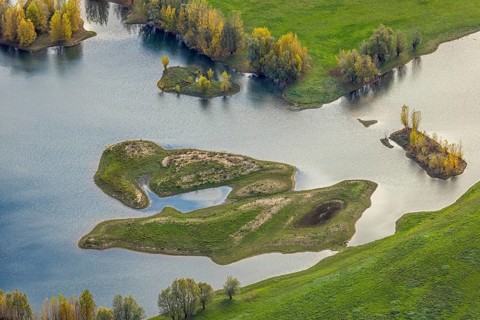 Aerial view, Lippe river with small islands in the Lippe estuary nature reserve, shapes and colors,