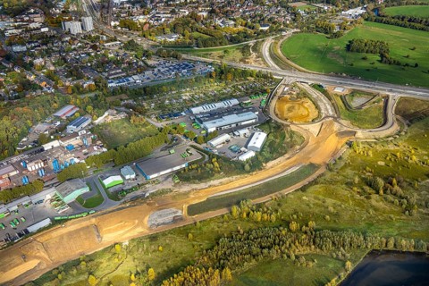 Aerial view, lip mouth area, construction site and new building extension and feeder Bundesstraße