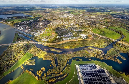 Aerial view, lip mouth area general view construction site, town view Wesel, Wesel, Lower Rhine,