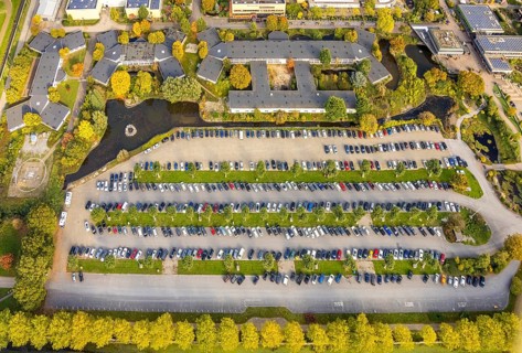 Aerial view, parking lot at Kalkar Wonderland amusement park, shapes and colors, Hönnepel, Kalkar,