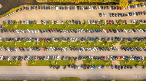 Aerial view, parking lot at Kalkar Wonderland amusement park, shapes and colors, Hönnepel, Kalkar,