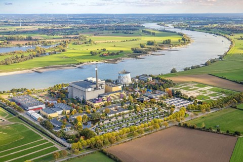 Aerial view, Kalkar Wonderland amusement park on the Rhine river with Rheinaue, Energy Factory,