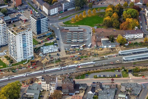 Aerial view, construction site between Franz-Etzel-Platz bus station and Wesel main station Hbf,