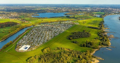 Aerial view, Grav-Insel Campground on the Grav Rhine Peninsula, shapes and colors, Flürener Feld,