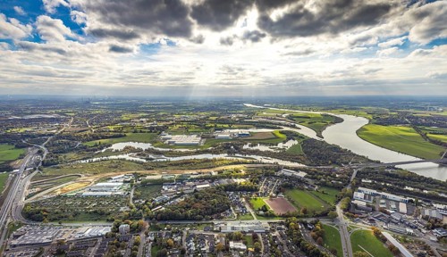 Aerial view, Lippe estuary with construction site, Lippe river and NSG nature reserve, Büdericher