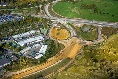 Aerial view, lip mouth area, construction site and new building extension and feeder Bundesstraße