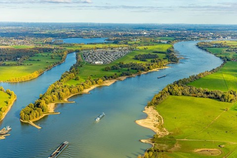 Aerial view, Rhine river with inland navigation on Gravinsel with the campsite, Rheinaue and view