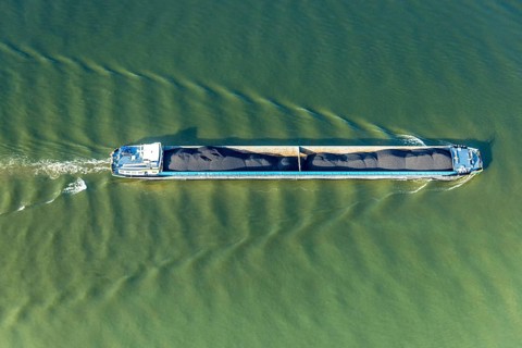 Aerial view, Rhine river with inland navigation on Gravinsel, coal ship, Bislich, Wesel, Lower