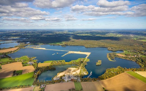 Aerial view, Diersfordter forest lake, dredging lake with gravel mining, blue sky with clouds,