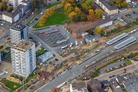 Aerial view, construction site between Franz-Etzel-Platz bus station and Wesel main station Hbf,