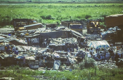 Slum, slum in a swamp area next to a main road, Manila in 1995, Philippines