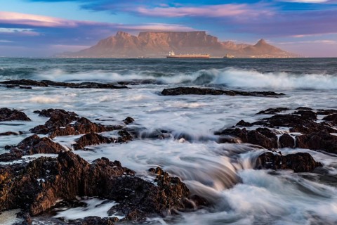Table Mountain in evening light as seen from Blouberg Beach, Cape Town, Western Cape, Republic of
