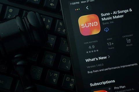 Dhaka, Bangladesh- 28 Oct 2025: An iPad displaying the Suno AI app against a judge's gavel and dark