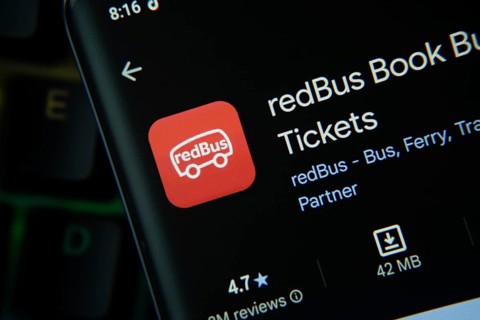 Dhaka, Bangladesh- 27 July 2025: RedBus app from Google Playstore is displayed on a smartphone