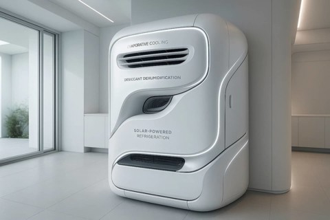 This futuristic appliance uses evaporative cooling and desiccant dehumidification to provide