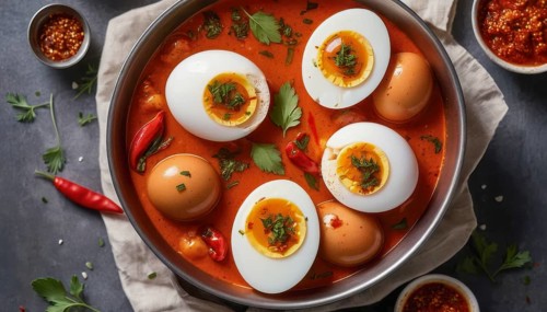 This flavorful egg curry is a popular dish, often served with rice or bread for a complete meal, AI