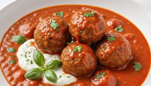 This image showcases a flavorful dish of meatballs in a rich tomato sauce, garnished with fresh