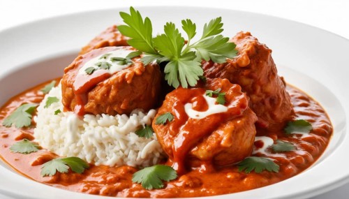 This flavorful Indian dish features tender chicken in a creamy tomato sauce, served with fluffy