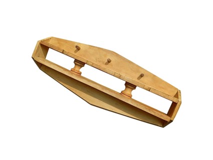 Wooden hanger with shelves on white background