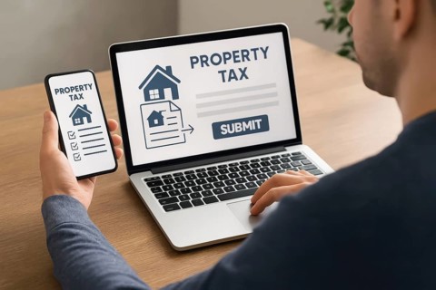 A person is shown using a laptop and smartphone to file and submit their property tax information