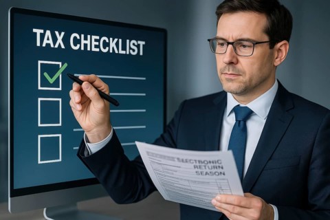 A professional man in a suit reviews a tax checklist, preparing for electronic tax returns, AI