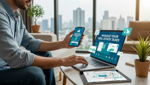 A person is shown using a laptop, tablet, and smartphone to manage their property taxes online, AI