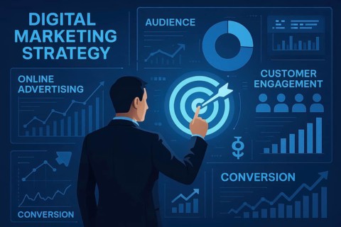 A businessman is shown pointing at a target, representing digital marketing strategy and business
