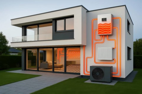 This image showcases a modern home equipped with a heat pump system, promoting sustainable living