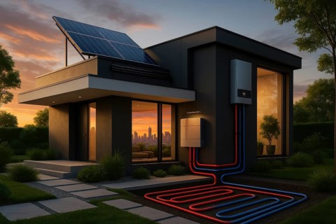 This contemporary house showcases sustainable energy solutions with a beautiful sunset backdrop, AI
