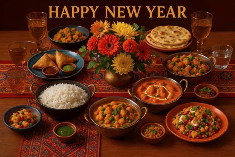 A vibrant table setting showcases an array of traditional Indian cuisine, perfect for a celebratory