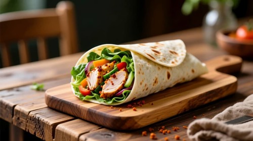 This appetizing wrap features grilled chicken, crisp lettuce, tomatoes, and other fresh