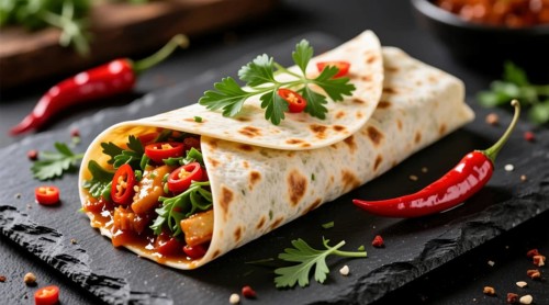 This appetizing burrito is filled with savory ingredients and garnished with fresh herbs and spicy