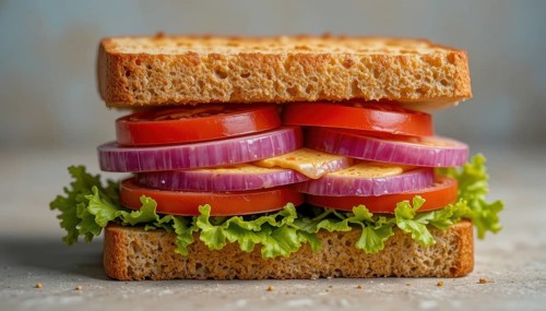 This appetizing sandwich features layers of tomatoes, red onion, lettuce, and cheese between slices