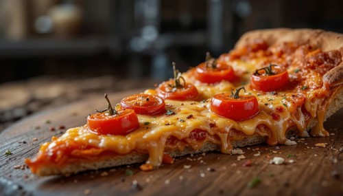 This mouthwatering pizza slice features juicy tomatoes and bubbling cheese, perfect for a quick