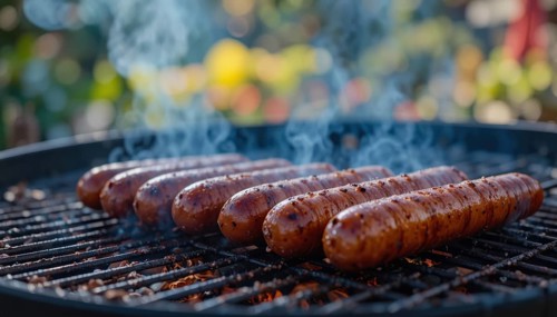 Sizzling sausages cook over hot coals on a backyard grill, perfect for a summer cookout or