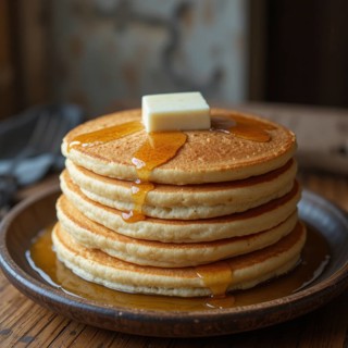 A delicious stack of pancakes is topped with a pat of butter and drizzled with sweet maple syrup,
