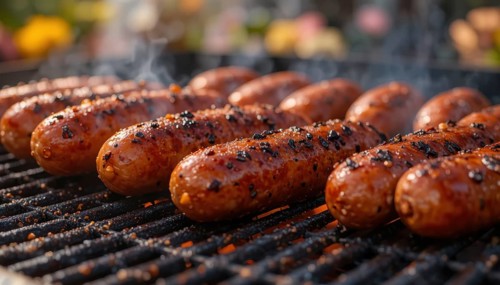 Smoked sausages sizzle on a hot grill, perfect for a backyard barbecue or a summer feast, AI