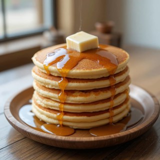 A delicious breakfast of pancakes is drizzled with warm maple syrup and topped with a pat of