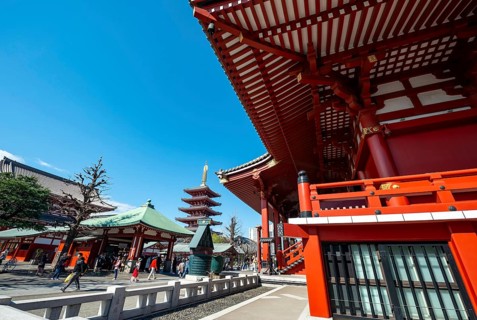 Buddhist temple complex with five-story pagoda, Asakusa shrine or Senso-ji temple, Asakusa, Tokyo,