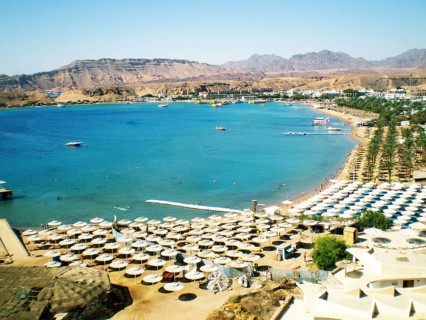 Panorama of the tropical azure and turquoise Red Sea near the central ancient part of the resort