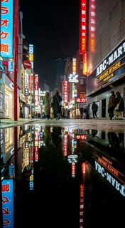 Pedestrian zone with many shopping centers and stores, illuminated with lots of neon signs at