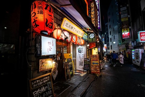 Alley with neon signs, paper lanterns and advertising signs at night, Udagawacho, Shibuya, Tokyo,