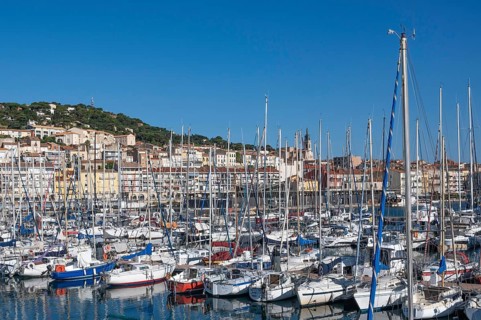 Densely packed sailboats and yachts with numerous masts in the port of Sete, with the densely built