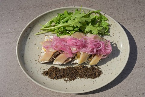 Herring, onions, Latvian rye bread Rupjmaize, Latvia