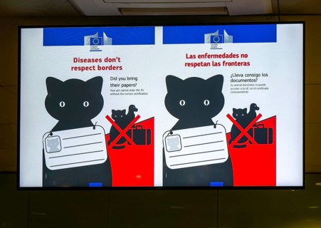 European Union sign about pet certification control at EU borders, Barcelona airport, Spain