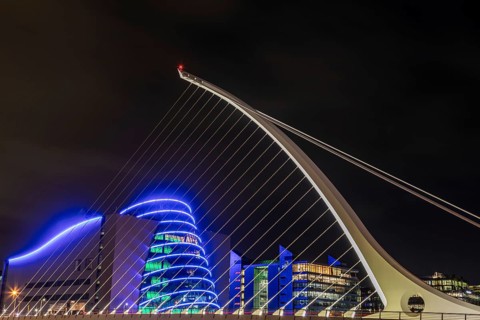 Samuel Beckett Bridge, bridge over the River Liffey, night view, Dublin, Ireland