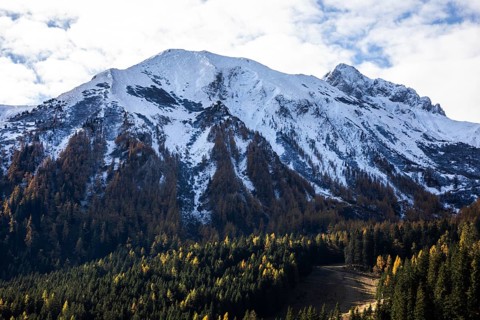 Snow on mountain peaks, autumn leaves, Eisenerzer Reichenstein behind, Eisenerzer Alps, near