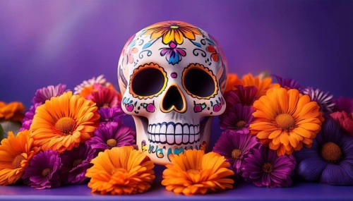 A vibrant sugar skull adorned with floral designs, surrounded by orange and purple flowers against