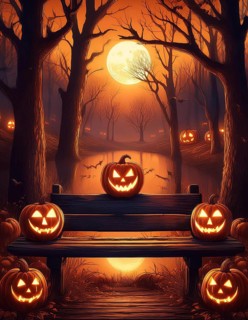Park bench with five illuminated carved pumpkins under a bright full moon in a dark forest,