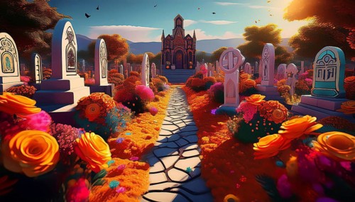 Vibrant cemetery filled with colorful flowers and ornate gravestones, leading to a church. The